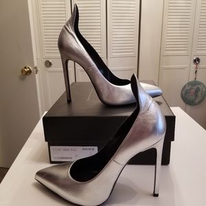 Ysl👠 Designer silver heels pumps with high ankle
